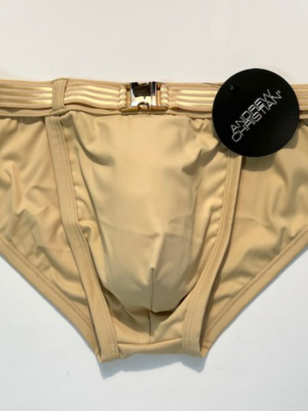 Andrew Christian Size M Solid Swim Bikini w/Striped Belt + Buckle - Sand/Gold - Picture 3 of 14